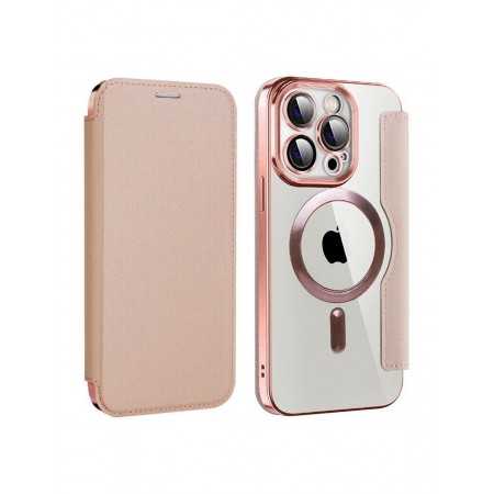 COVER A LIBRO MAGNETICA IN PELLE CON BORDO CROMATO IPHONE 15 PRO ROSE