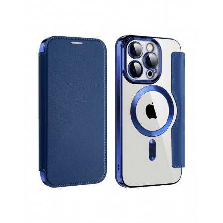 COVER A LIBRO MAGNETICA IN PELLE CON BORDO CROMATO IPHONE 14 PRO MAX BLU