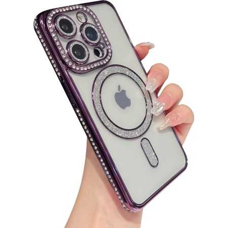 Cover con brillantini in silicone trasparente per iPhone 16 PLUS PURPLE