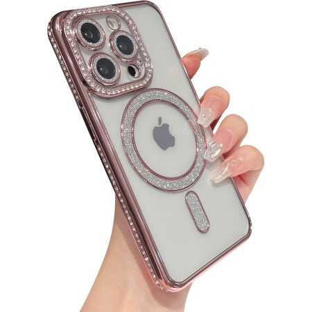 Cover con brillantini in silicone trasparenteper iPhone 14pro max rosa